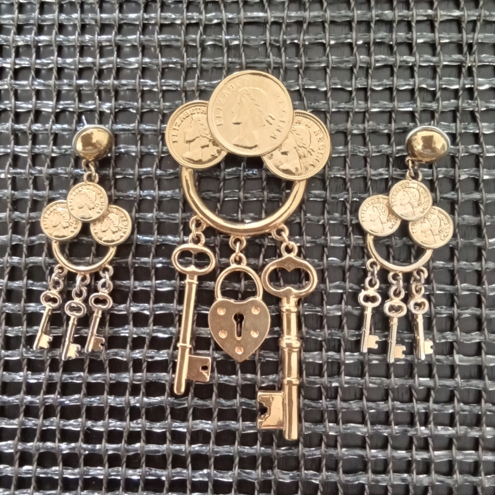 Gold-tone Coins Lock Keys Brooch Earrings Set
